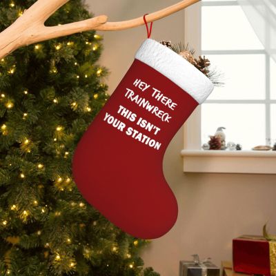 AMZWZSH Hey There Train Wreck, This Isn't Your Station Christmas Stockings, Xmas Stockings, 18" Large Xmas Stocking, Christmas Party Fireplace Family Hanging Stocking Decorations(Red and White)