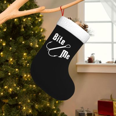 AMZWZSH Fisherman's Fish Hook Bite Me Christmas Stockings, Xmas Stockings, 18" Large Xmas Stocking, Christmas Party Fireplace Family Hanging Stocking Decorations(White and Black)
