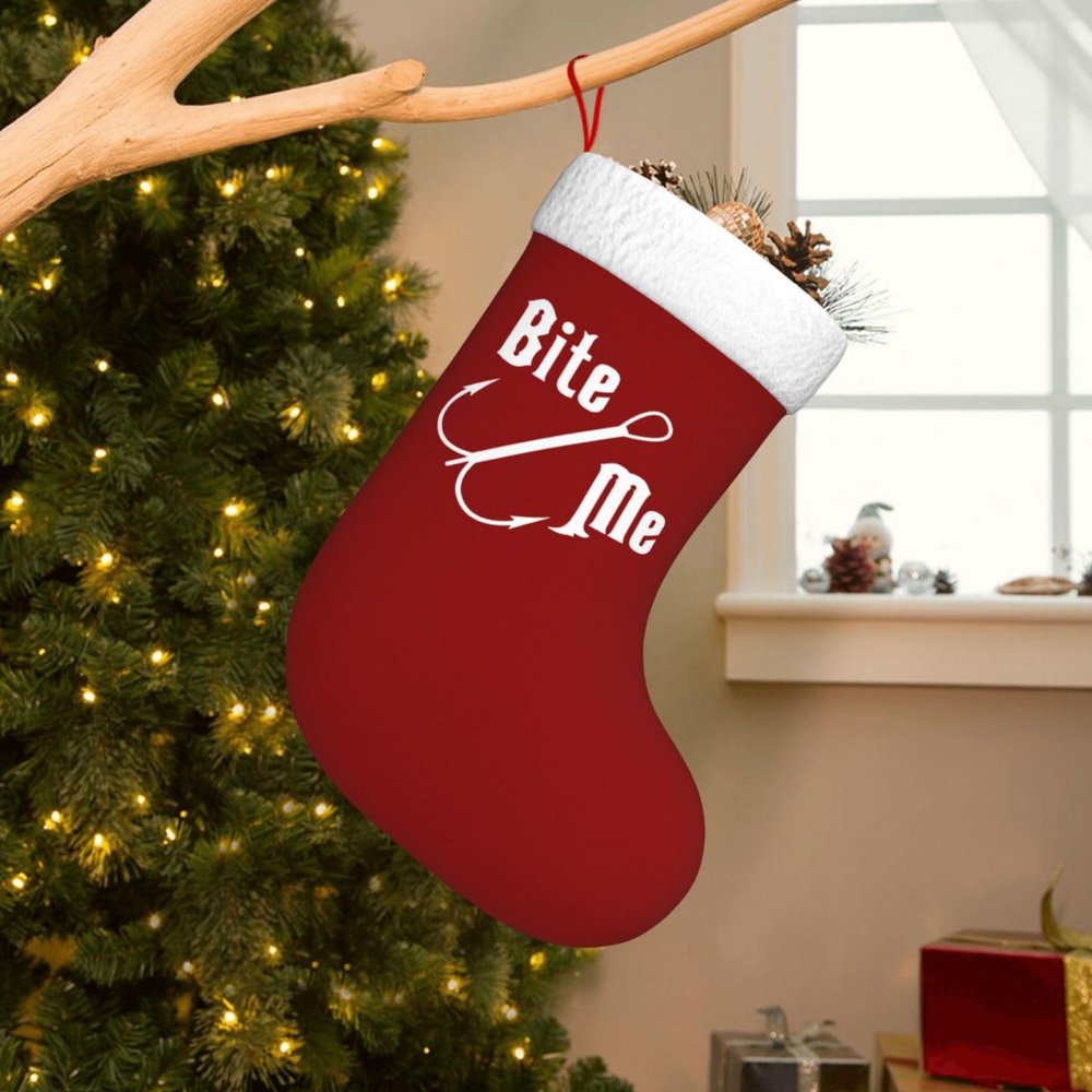AMZWZSH Fisherman's Fish Hook Bite Me Christmas Stockings, Xmas Stockings, 18" Large Xmas Stocking, Christmas Party Fireplace Family Hanging Stocking Decorations(Red and White)