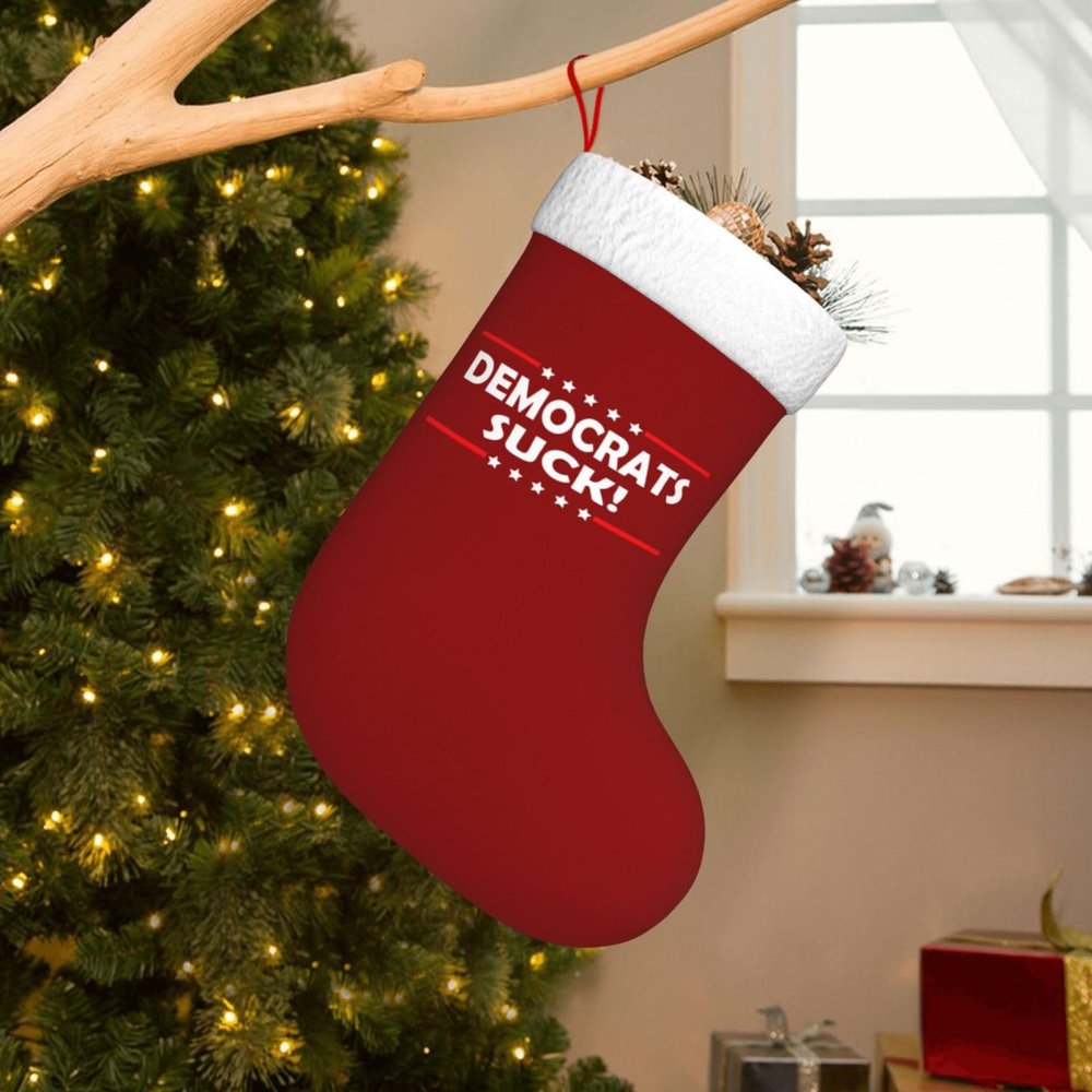 AMZWZSH Democrats Suck Christmas Stockings, Xmas Stockings, 18" Large Xmas Stocking, Christmas Party Fireplace Family Hanging Stocking Decorations(Red and White)