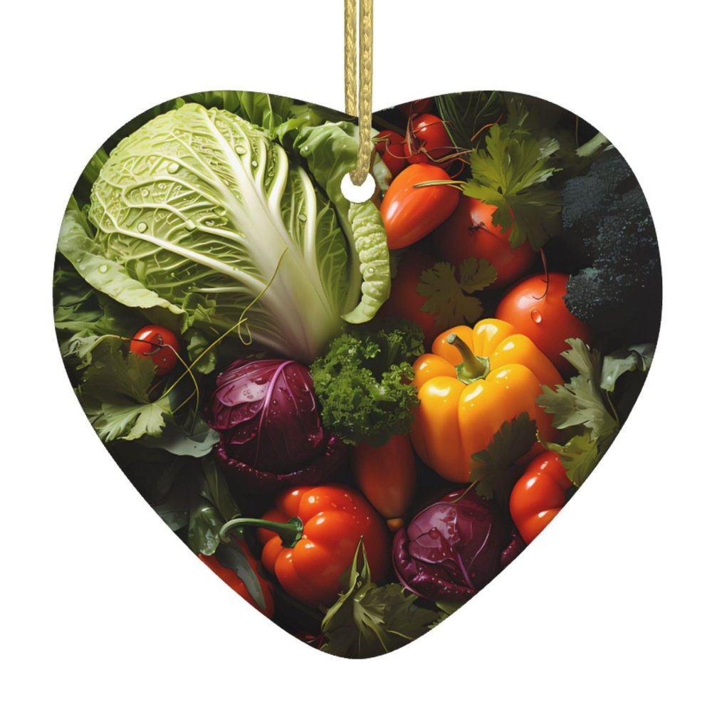 Lots of Fresh Vegetables Heart-Shaped Ceramic Pendant Printed Ceramic Pendant Suitable for Hanging on windowsills or fireplaces