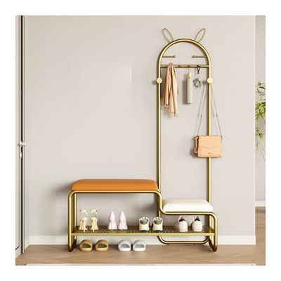 Industrial Coat Rack with Storage Bench & Metal Shoe Organizer for Entryway, Stylish Furniture for Living Room & Bedroom (Color 2, 70x32x168cm)