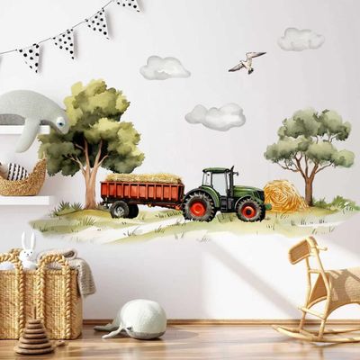 Farm Tractor Wall Decal,Farmhouse Animals Birds,Clouds,Trees Wall Stickers,Farm Tractor with Trailer Decor for Boys Girls Playroom Barn Nursery Kids RoomRustic Decorative Decals