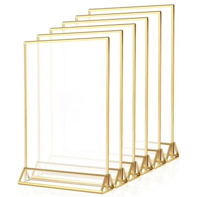 Iejiacl Place Card Holder 10pcs Sign Holder Gold Frames Clear Wedding Table Number Stand Menu Recipe Cards Holders(C)