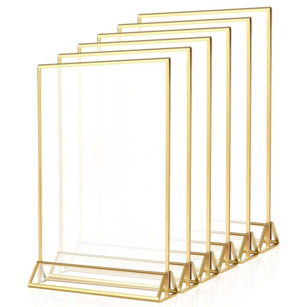 Iejiacl Place Card Holder 10pcs Sign Holder Gold Frames Clear Wedding Table Number Stand Menu Recipe Cards Holders(C)