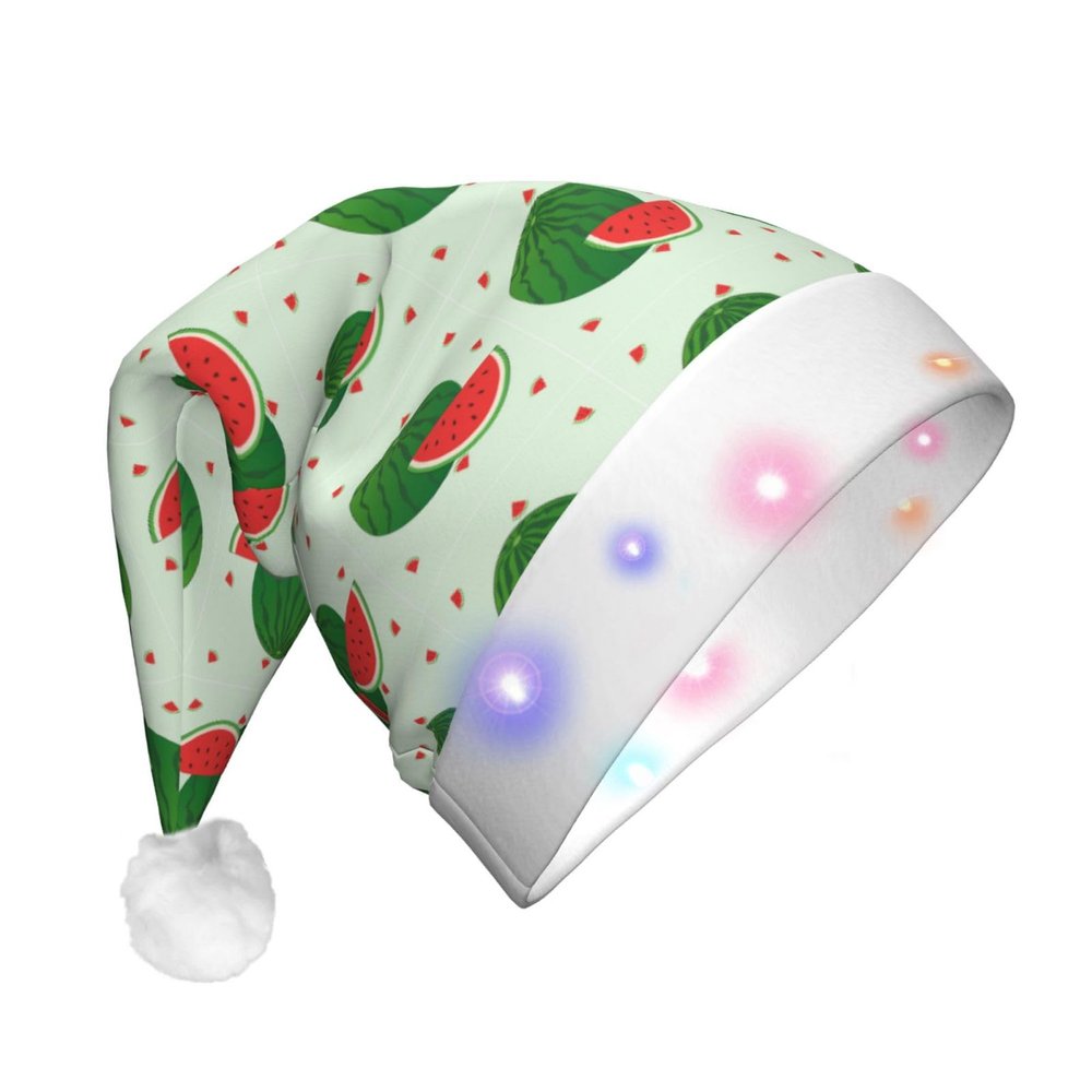 BLWSLC cartoon watermelon Adult light-up Santa hat printed Santa hat with LED lights suitable for Christmas New Year's and other holiday parties