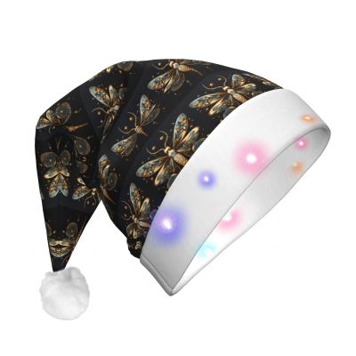 BLWSLC Golden Delicate Dragonfly on Black Background Adult light-up Santa hat printed Santa hat with LED lights suitable for Christmas New Year's and other holiday parties