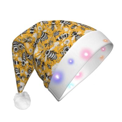 BLWSLC cartoon bee Adult light-up Santa hat printed Santa hat with LED lights suitable for Christmas New Year's and other holiday parties