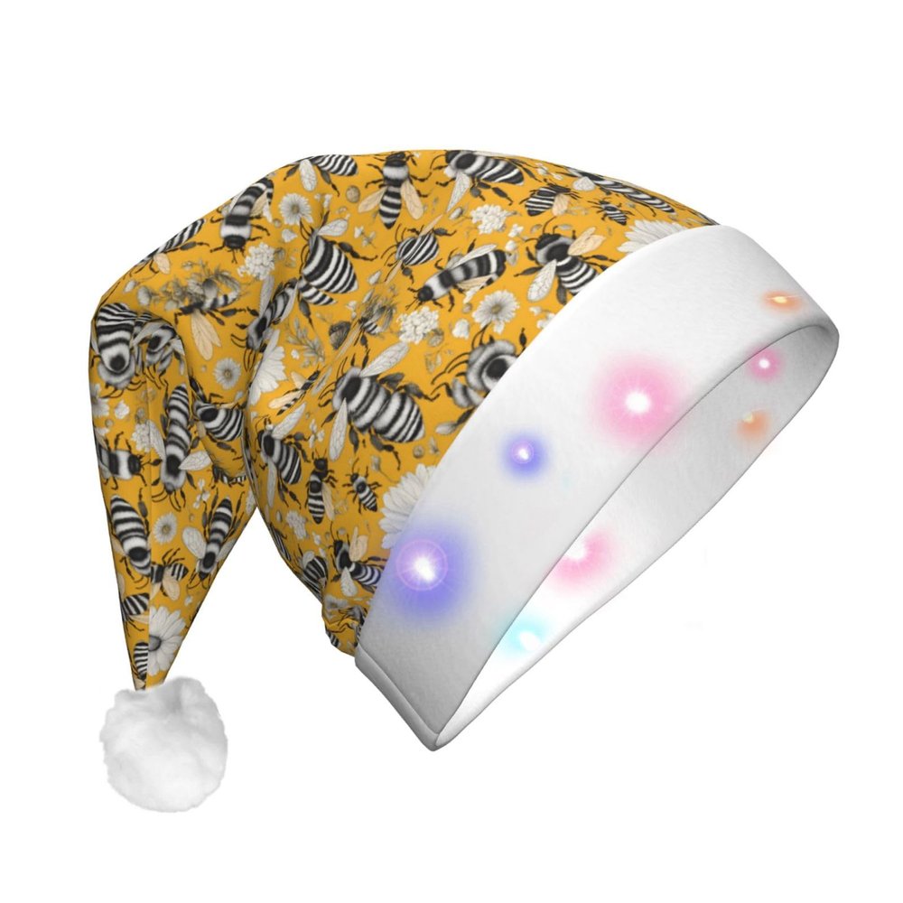 BLWSLC cartoon bee Adult light-up Santa hat printed Santa hat with LED lights suitable for Christmas New Year's and other holiday parties