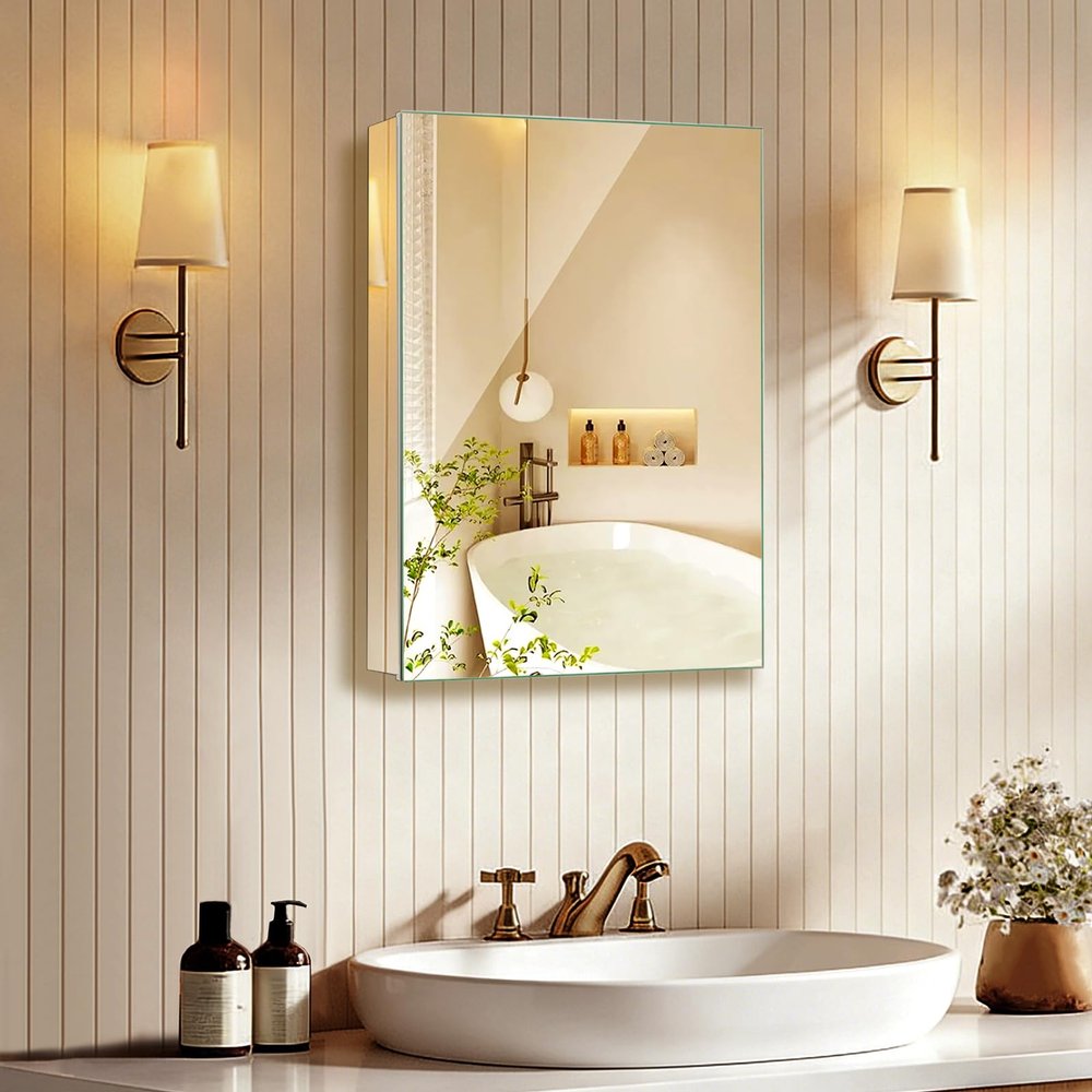HABIUBIU 14 x 18 Inch Bathroom Medicine Cabinet with Mirror, Medicine Cabinet Mirror, Bathroom Mirror with Storage with One Adjustable Shelf, Assembly Required, Support Recessed or Surface Mount