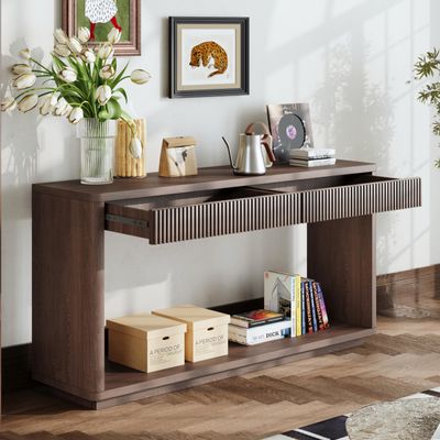 60" Modern 2-Drawer Fluted Console Table Natural Wood Veneer Sofa Table Behind Couch Table for Living Room, Hallway, Entryway, Home Office, Walnut