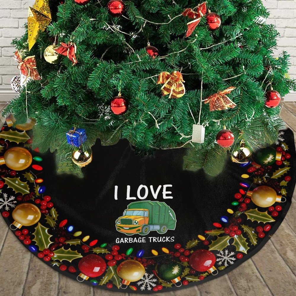 Christmas Tree Skirt I Love Garbage Trucks Christmas Decorations Soft Red Green Christmas Decor Mat for Xmas Holiday Decorations 30"