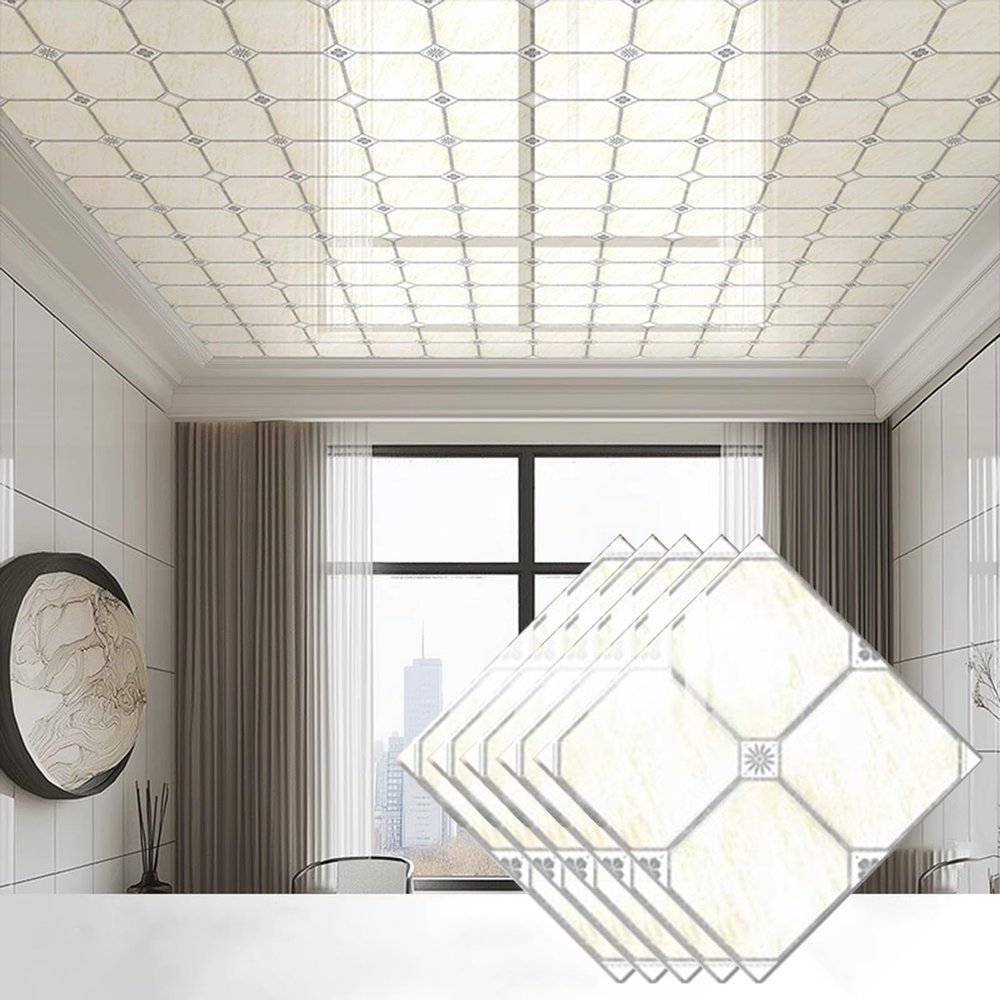 REMYSAOS Peel and Stick PVC Ceiling Panels Coving, Beige Suspended Ceiling Tiles 3030 Cm, Ceiling & Wall Sticker for Office Restaurant Kitchen(5pcs)
