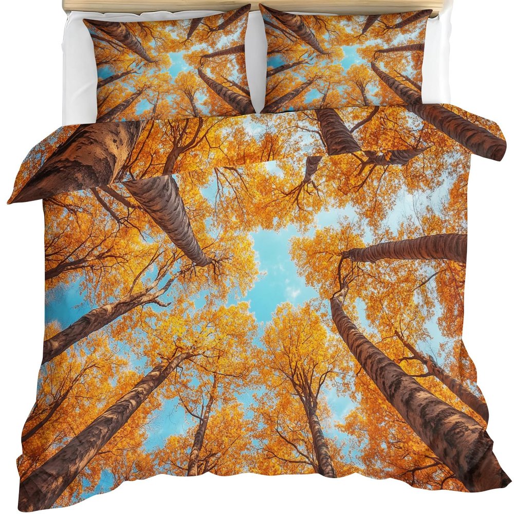 GKPLY Forest Comforter Set, Autumn Forest Bedding Set, Natural Duvet Cover with Zipper & Ties, Reversible Bedding & Bedroom Decor, 3 Pieces, 2 Pillow Cases, California King