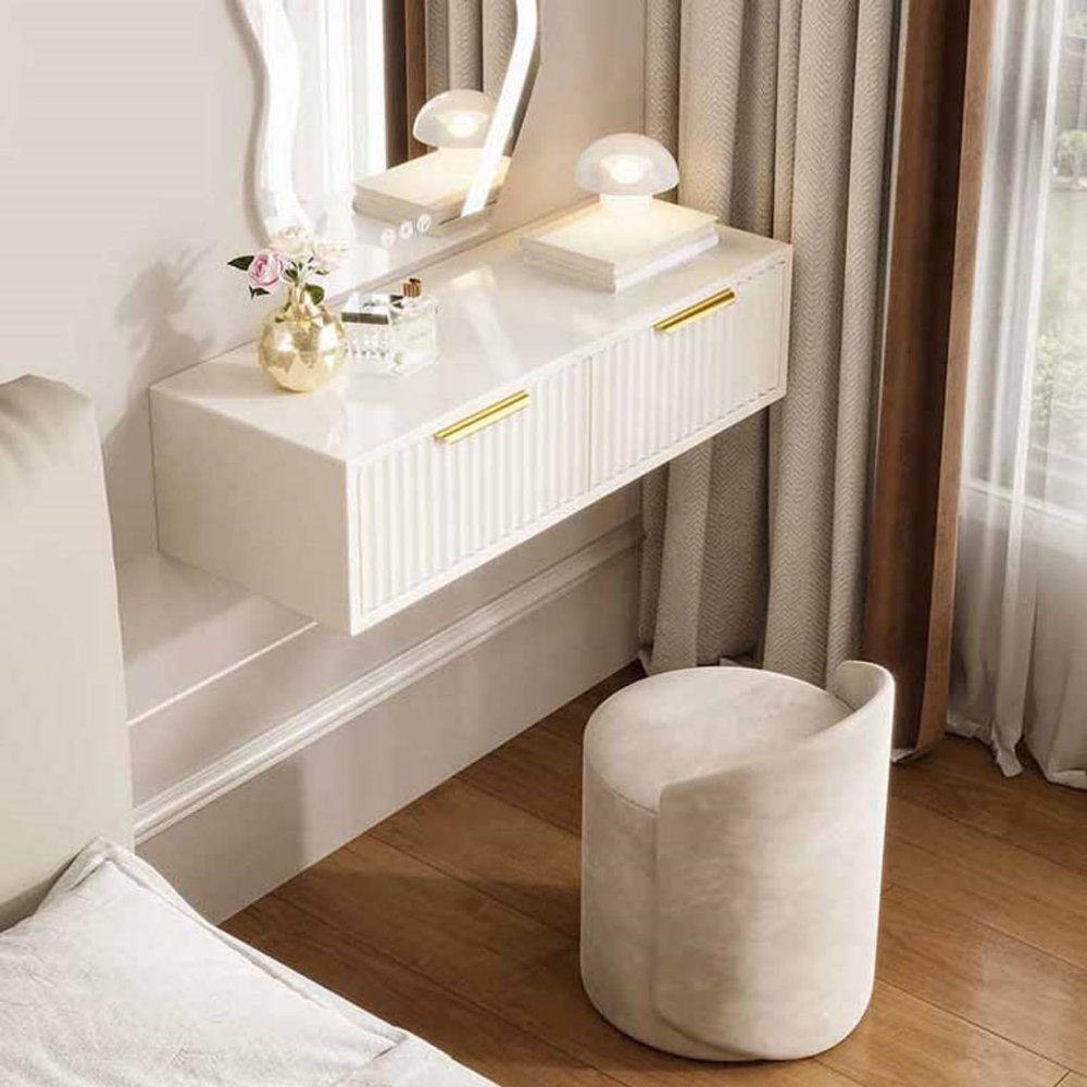 2 Drawers Vanity, Floating Vanity Makeup Table, Solid Wood Wall Mounted Desk, Suspended Corner Nightstand Bedside Table for Bedroom