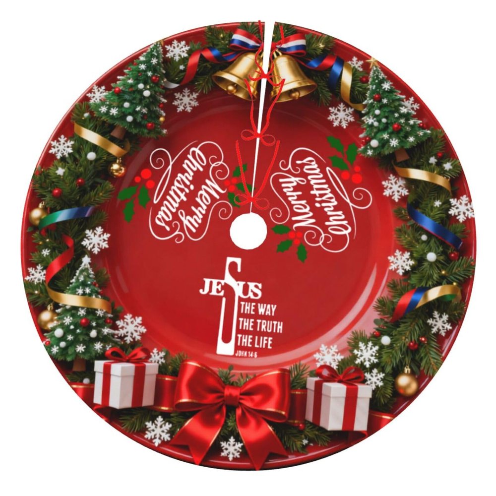 Christmas Tree Skirt Jesus The Way The Truth The Life John 14 6 Christmas Decorations Soft Red Green Christmas Decor Mat for Xmas Holiday Decorations 36"