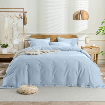 BVH Cotton Co. Designer Coconut Button Closure Duvet Cover Set Hotel Luxury 600 Thread Count Egyptian Cotton 3 Pieces Duvet Cover Set Full (80" x 90") (Light Blue, Solid)