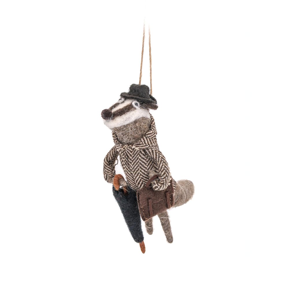 Sass and Belle Badger with Bowler Hat & Umbrella Felt Decoration