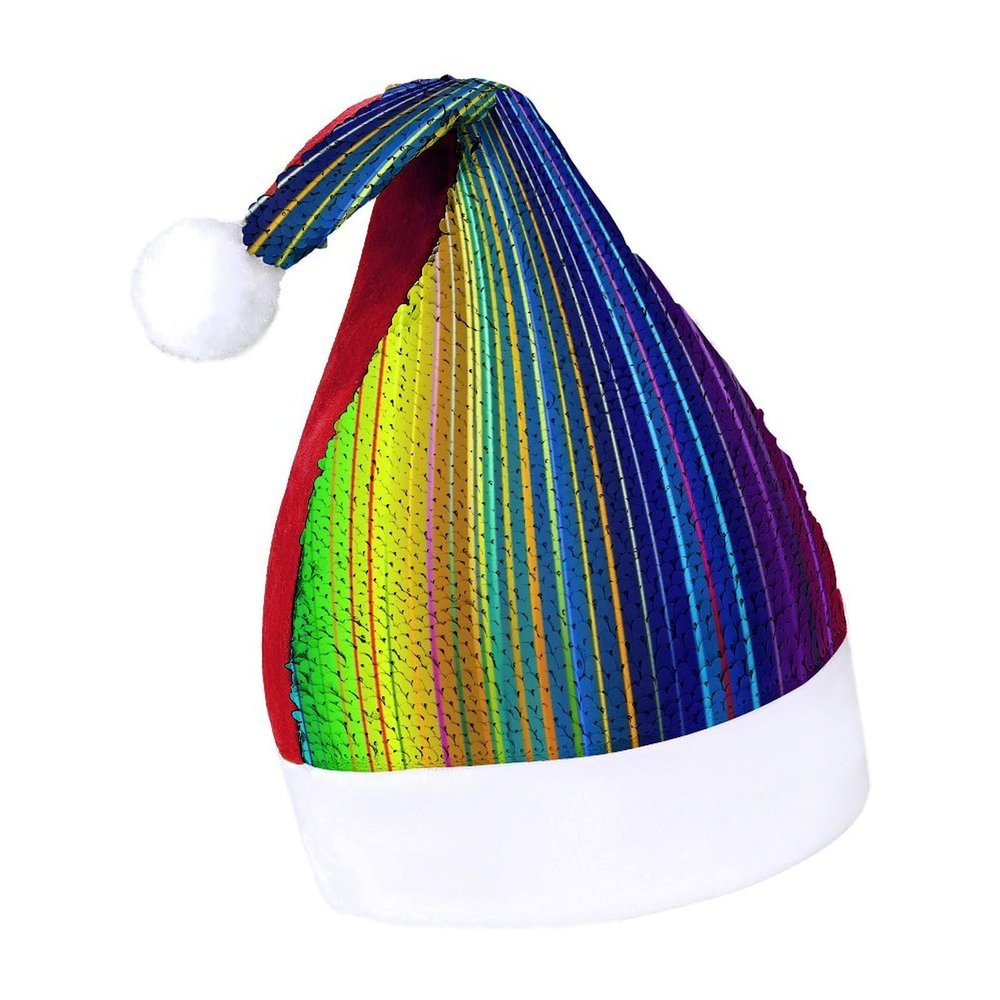 Rrtsmsgh Glitter Sequin Christmas Hat Funny Soft Xmas Cap Adult, Rainbow Striped Santa Hat for New Year Party