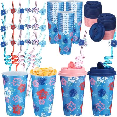 Yungyan 16 Sets Hawaii Hibiscus Cartoon Party Favor Goodie Cups with Straws