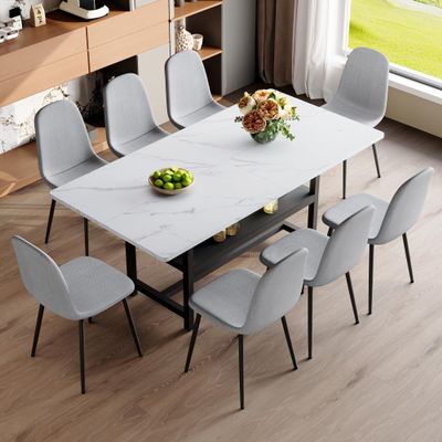 71" Dining Table Set for 8, White Dining Room Table and Chairs Set with Storage Shelf and 8 Upholstered Fabric Chairs, 9 Piece Modern Kitchen Table Set with Sturdy Metal Frame for Apartment or Home