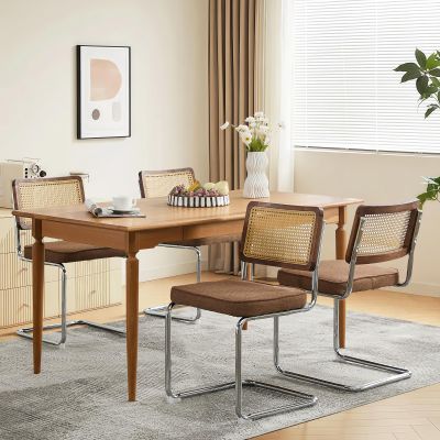 SoarFlash Linen Dining Chair Set of 4 Modern Upholstered Kitchen Chair with Walnut Rattan Cane Back, Stainless Chrome Base for Dining Room, Club(Coffee)