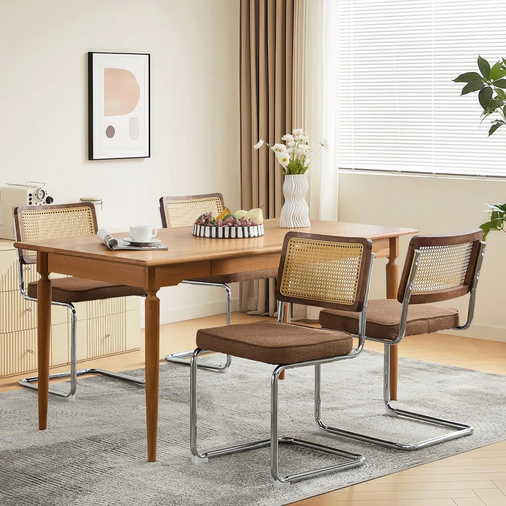 SoarFlash Linen Dining Chair Set of 4 Modern Upholstered Kitchen Chair with Walnut Rattan Cane Back, Stainless Chrome Base for Dining Room, Club(Coffee)