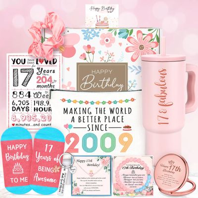 17th Birthday Gifts for Girls Cool 17 Years Old Girl Gift Ideas Trending Birthday Gift for 17 Year Olds Girl Sweet Happy 17th Decorations Gifts for Teenage Girls with Tumbler Makeup Bag Comfort Socks