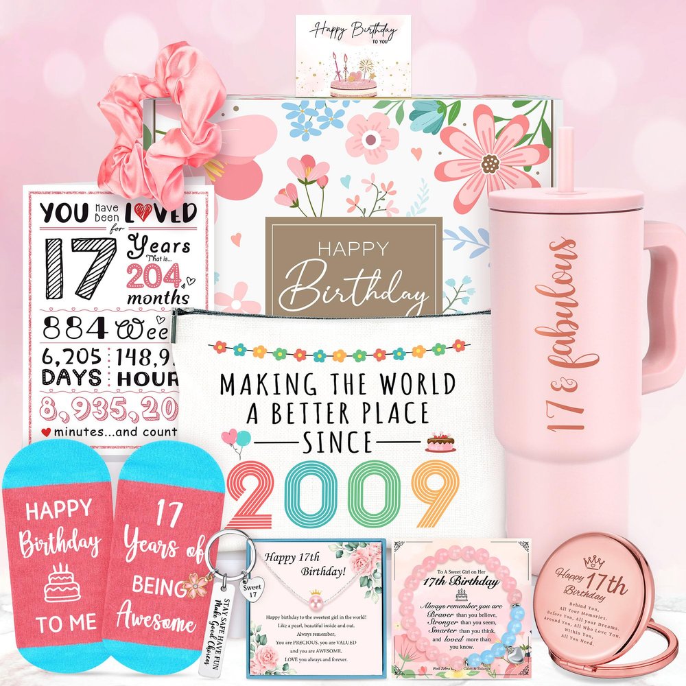 17th Birthday Gifts for Girls Cool 17 Years Old Girl Gift Ideas Trending Birthday Gift for 17 Year Olds Girl Sweet Happy 17th Decorations Gifts for Teenage Girls with Tumbler Makeup Bag Comfort Socks