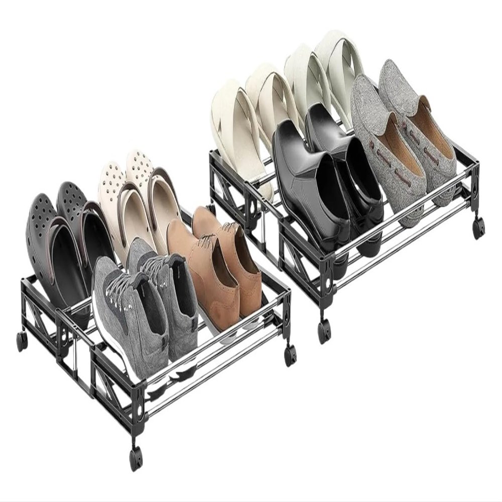 2 Pack Under Bed Shoe Storage with Wheels Fixable Underbed Rack Easy Assembly Holds 8 Pairs of Shoes