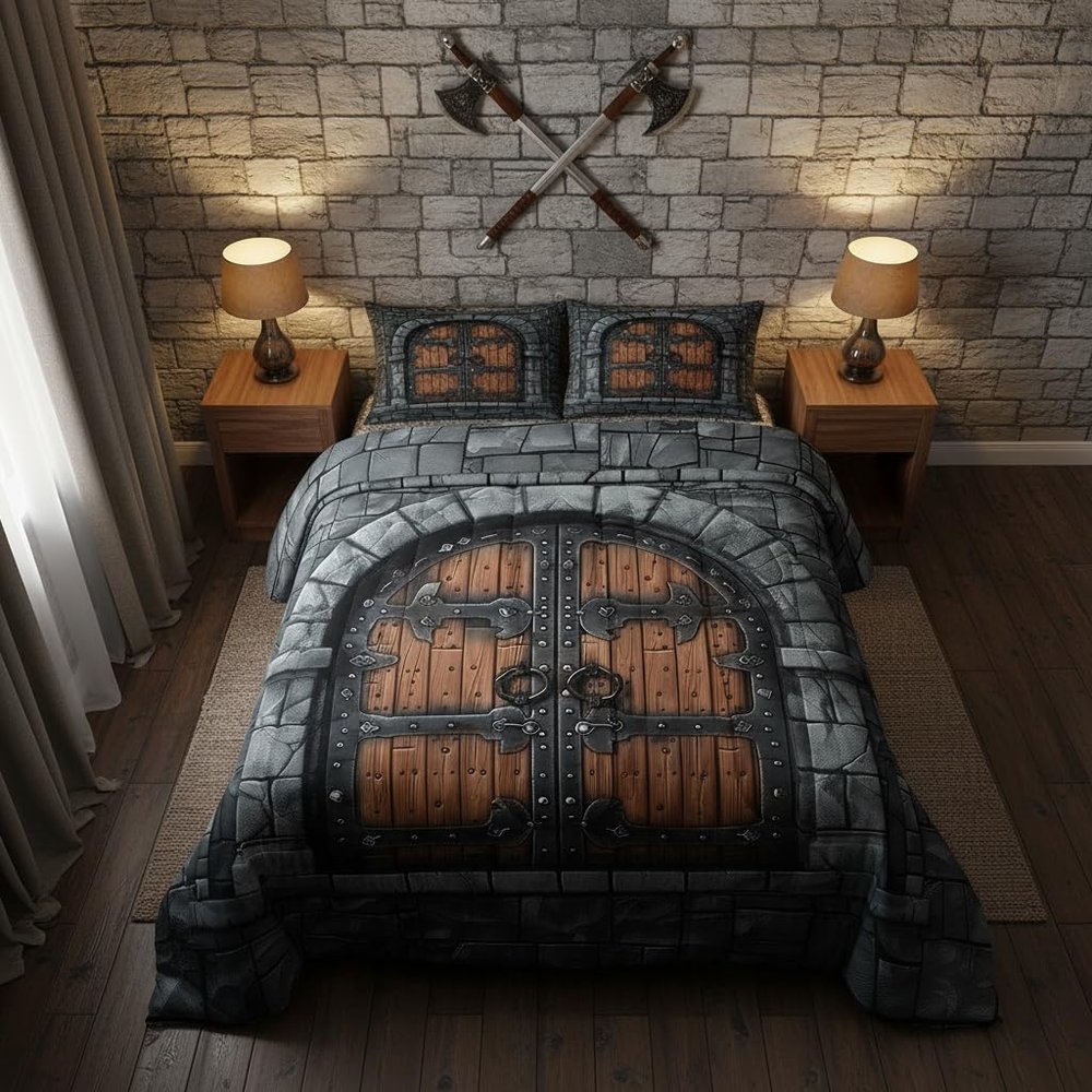 Castle Walls Twin Size Comforter Set for All Seasons,Knight Wall Bedding Set Teens Bedroom Decor,Fairytale Medieval Themed Comforter Inner Fill with 1 Pillowcase