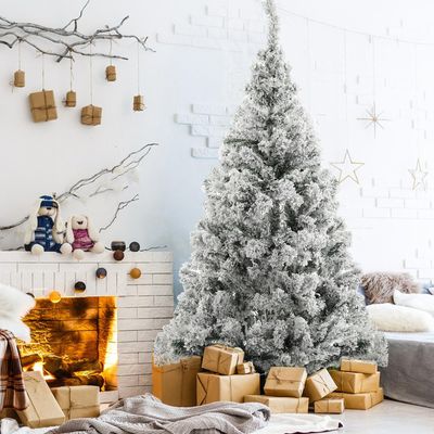 6FT Snow Flocked Spruce Artificial Christmas Tree, Snow Christmas Holiday Pencil Tree with Realistic Branch, Reinforced Metal Base White Fake Xmas Tree Winter Party Decoration (6FT)