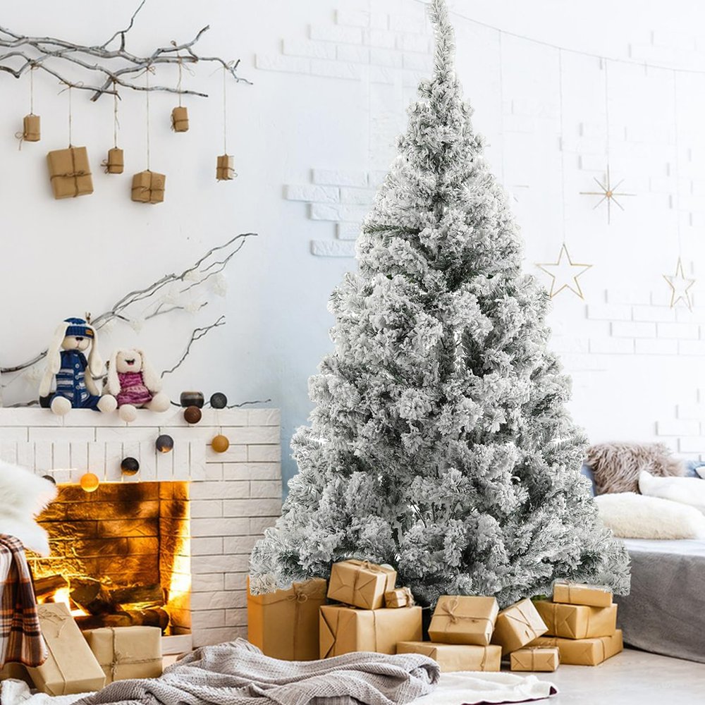 6FT Snow Flocked Spruce Artificial Christmas Tree, Snow Christmas Holiday Pencil Tree with Realistic Branch, Reinforced Metal Base White Fake Xmas Tree Winter Party Decoration (6FT)