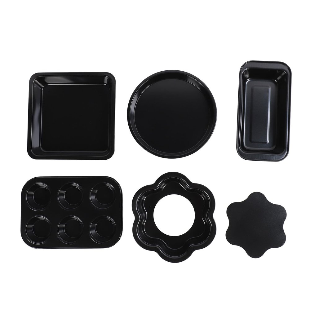 6pcs Bakeware Set, Loose Bottom Carbon Steel king Pans Set, Non ating for Release, Includes Cake Muffin Pizza Pans, Even Heat Distribution (Black)