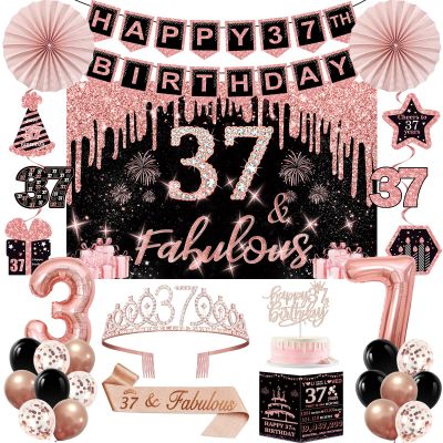 37th Birthday Decorations for Women,32PCS 37th Birthday Party Decorations,Including Backdrop, Crown, Sash, banner, Hanging Swirl,balloons,Cake Topper,Paper Fans and Anniversary Card