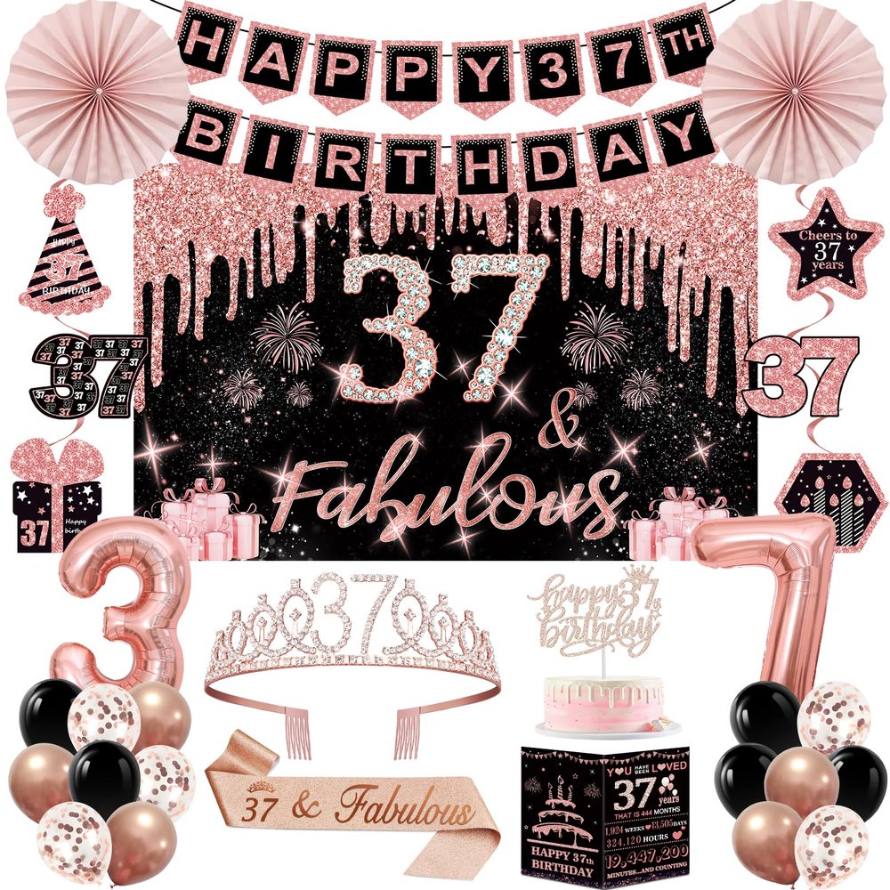 37th Birthday Decorations for Women,32PCS 37th Birthday Party Decorations,Including Backdrop, Crown, Sash, banner, Hanging Swirl,balloons,Cake Topper,Paper Fans and Anniversary Card