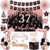 37th Birthday Decorations for Women,32PCS 37th Birthday Party Decorations,Including Backdrop, Crown, Sash, banner, Hanging Swirl,balloons,Cake Topper,Paper Fans and Anniversary Card view 1