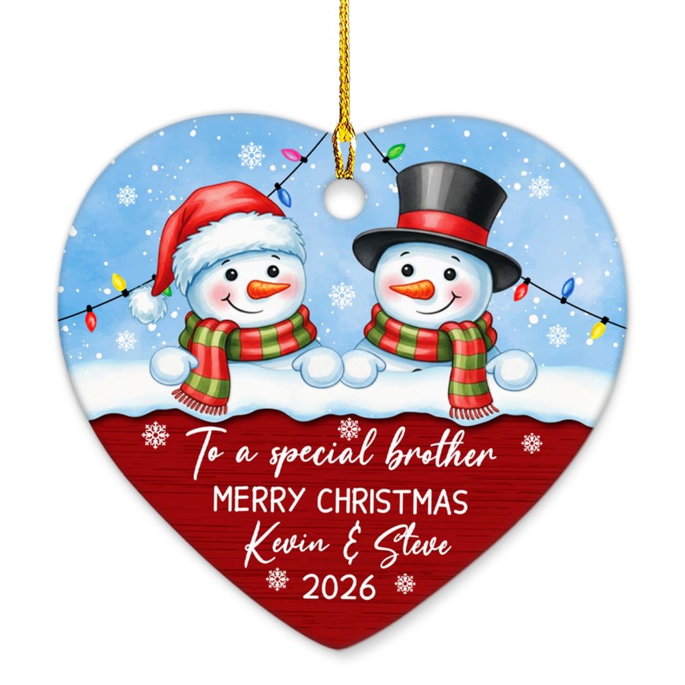 2026 Personalized to a Special Brother Merry Christmas Ceramic Ornament, Custom Names/Year Brothers Snowman Christmas Ornaments, Xmas Ornament Keepsake Gifts for Sibling Brother & Little Sister