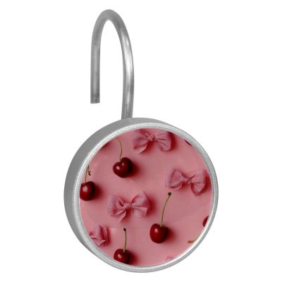 12PCS Pink Bows and Cherries on Pink Backgroun (1) Shower Curtain Hooks Rings for Bathroom, Decorative Shower Curtain Hooks Rods Curtains and Liner