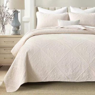 AJOCCI Beige BeddingCotton Queen Size Comforter SetGeometric Matelasse Quilt SetSoft Cotton Quilt Solid Color Lightweight Bedspread All Seasons 3 Piece