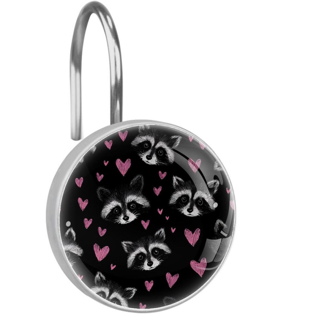 12 Pcs Raccoon Hearts Shower Curtain Hooks Set Stainless Steel Decorative Bathroom Decor Rustproof Shower Curtain Hangers for Bathroom Bedroom Living Room