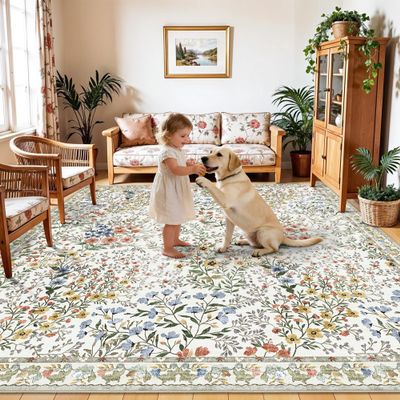 10x10 Square Area Rug Living Room: Boho Floral Washable Mat for Dining Room Bedroom Office High Traffic Area Soft Non Slip Low Pile Indoor Carpet for Vintage Farmhouse Home Decor (10ft Square, Beige)