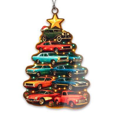 Car Ornament Classic Cars Christmas Decor Vintage Auto Gift Retro Muscle Cars Ornament Holiday Card Christmas Tree Decoration Suncatcher Effect Stained Glass Window Hanging Car Hanging