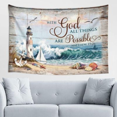 Ahvwhv Inspirational Wall Tapestry, With God All Things Are Possible Matthew 19:26 Tapestries, Christian Faith-Based Decor, Lighthouse and Ocean Scenery Wall Hanging - 40x60 inch