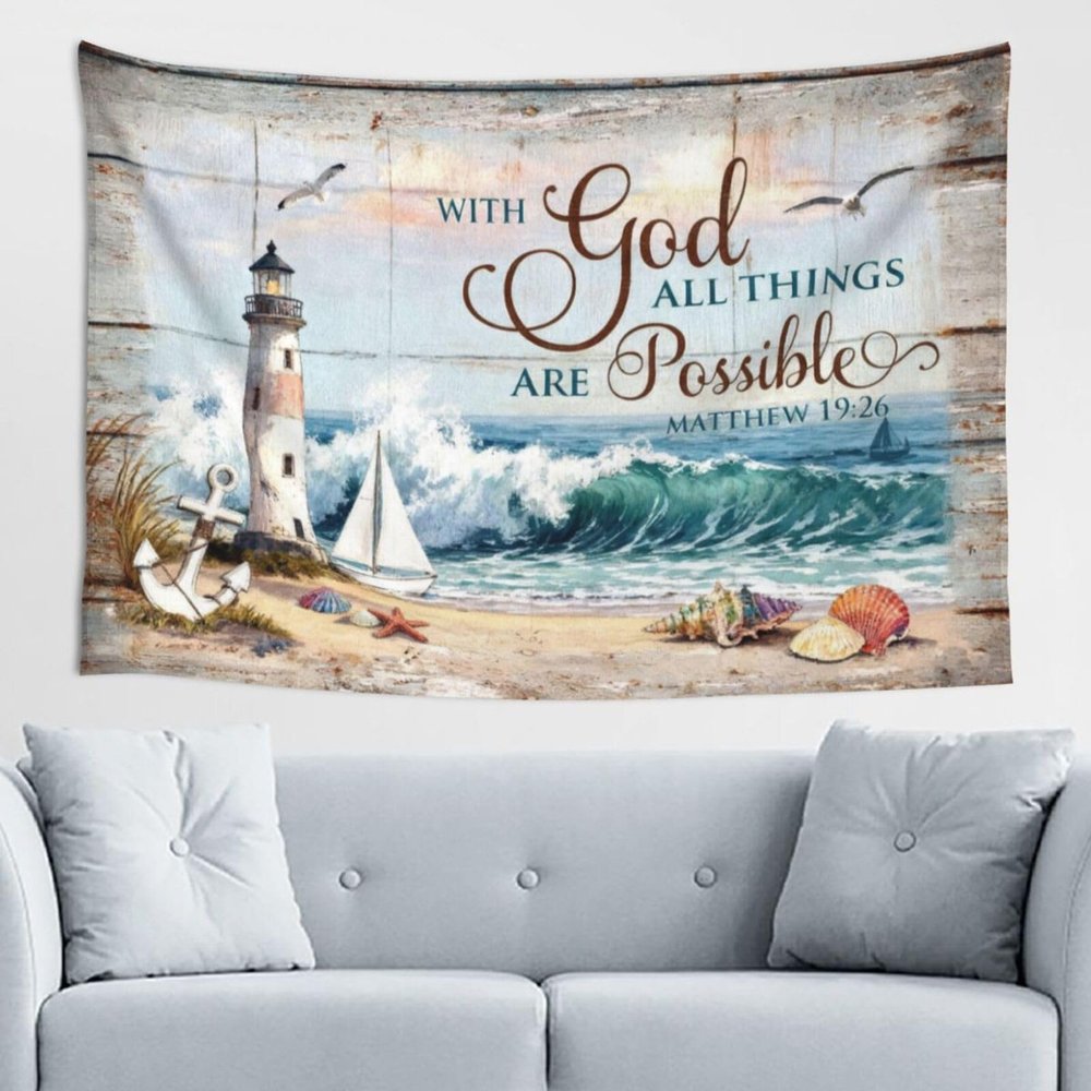 Ahvwhv Inspirational Wall Tapestry, With God All Things Are Possible Matthew 19:26 Tapestries, Christian Faith-Based Decor, Lighthouse and Ocean Scenery Wall Hanging - 40x60 inch