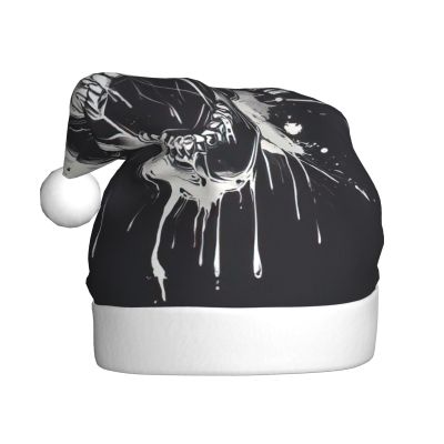 DUWAA Horror Ghost Skull Print Soft Plush Santa Hat Adult, Xmas Party Hat With Pom,For Christmas New Year Festive Party