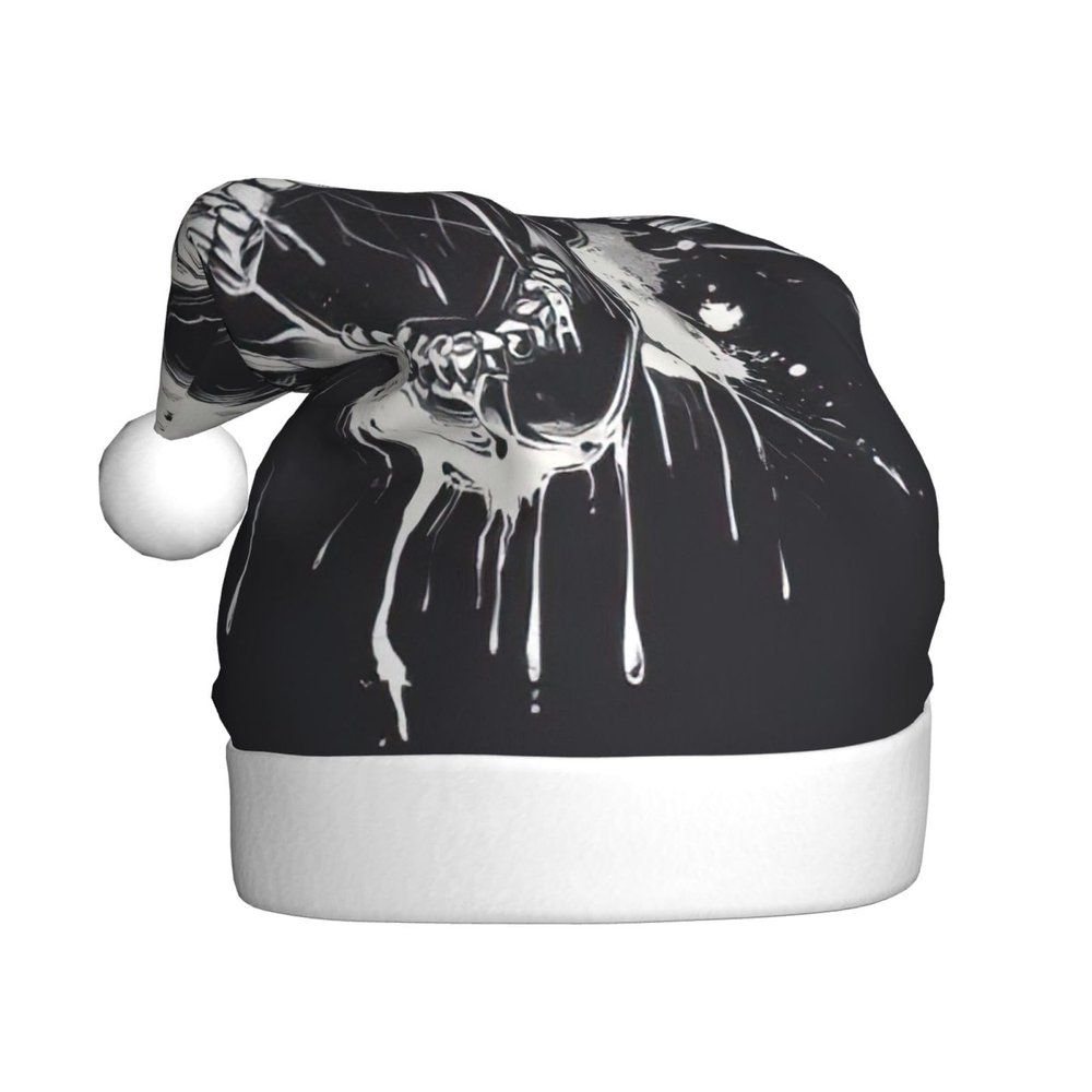 DUWAA Horror Ghost Skull Print Soft Plush Santa Hat Adult, Xmas Party Hat With Pom,For Christmas New Year Festive Party