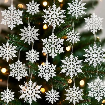 18PCS White Glitter Snowflake Ornaments Snowflake Decorations for Christmas Tree, Hanging Snowflakes for Ceiling & Crafts Plastic Snowflakes for Winter Wonderland & White Christmas Decor