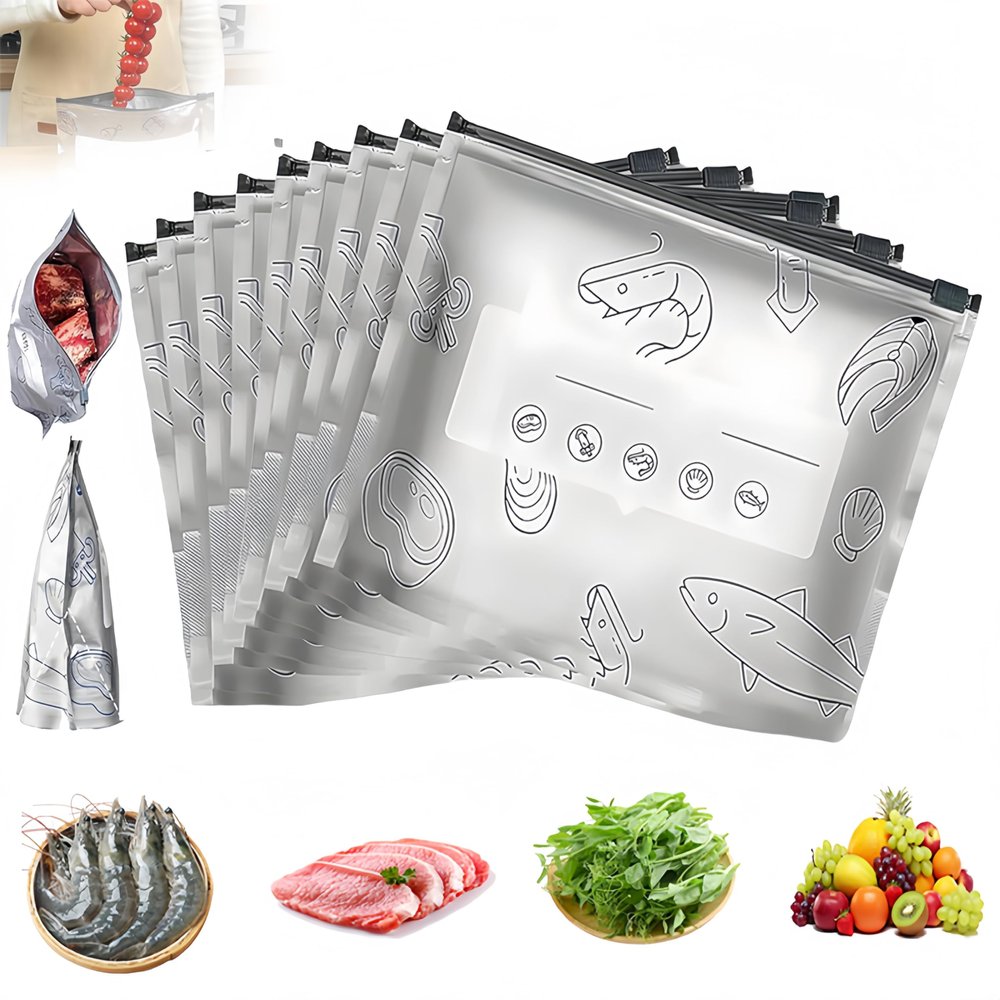 Reusable Aluminum Foil Sealable Storage Bags, New Resealable Vacuum Zipper Pouches for Food with Label and Stand-Up Bottom Design for Vegetable Fruit Meat (100, 10.3 in)