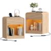 Keehusux Fluted Nightstands Set of 2, Small Night Stand with Charging Station, Wooden LED Bedside Table with Drawer, Mid Century Modern End Table for Bedroom, Curved Profile Design, Natural Oak view 1